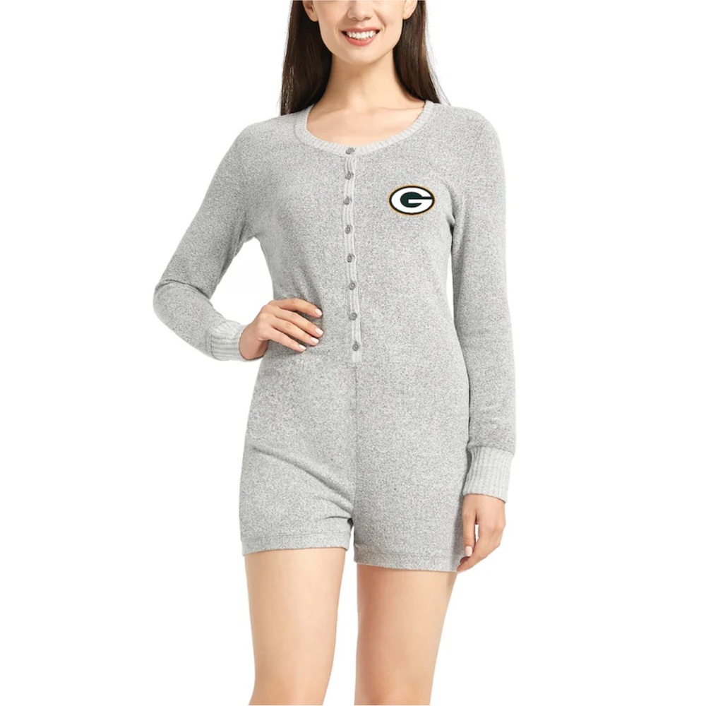 Green Bay Packers Concepts Sport Heathered Gray Venture Sweater Romper, Size M